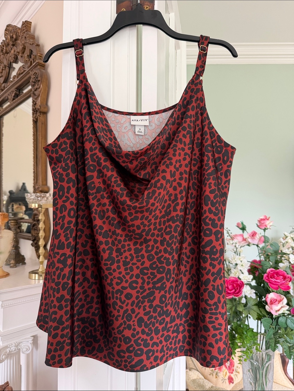 Ava & Viv Red and Black Leopard drapes Neck Camisole. Size 1X, NWT